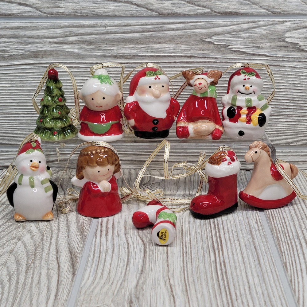 10 Ceramic Mini Christmas Tree Ornaments Mrs‎ Clause Stocking Penguin Moose READ